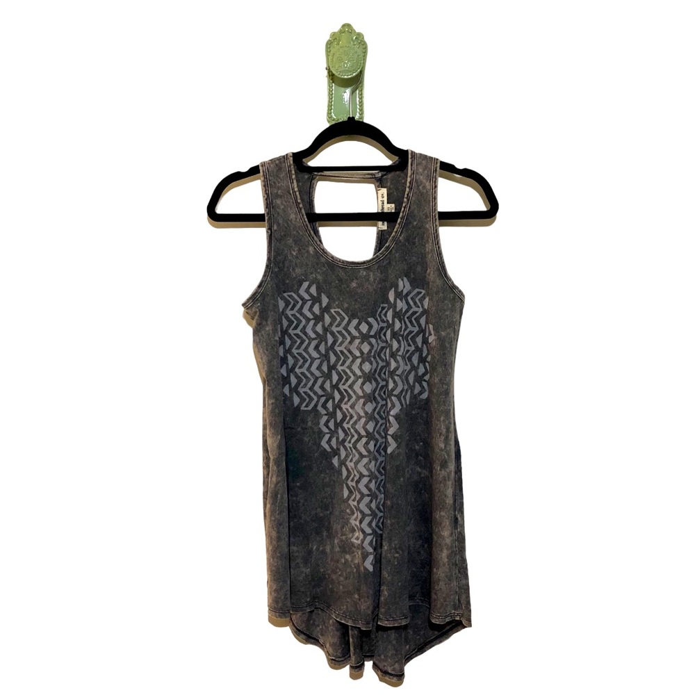 Boho Tunic Tank Keyhole Open Back Flowy Faux Acid Distressed Denim Grey NEW